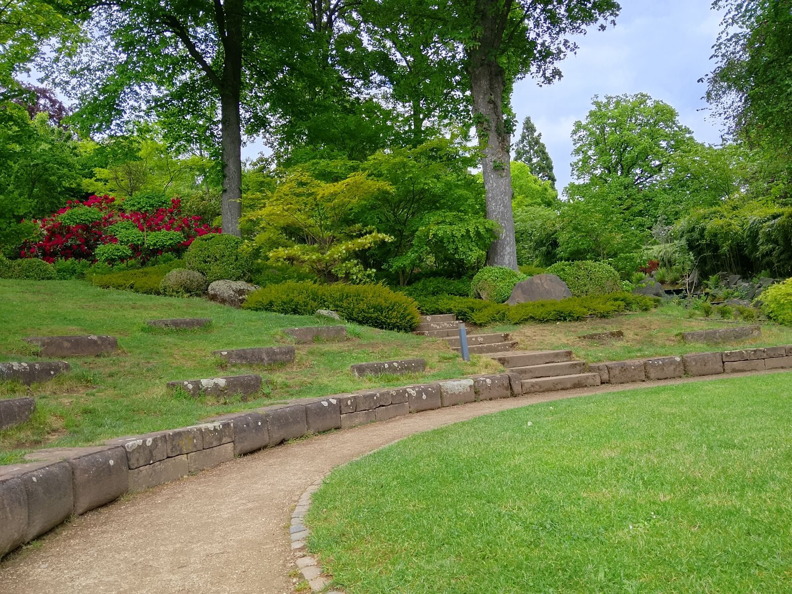 A landscaped garden with stone-edged borders and a winding path